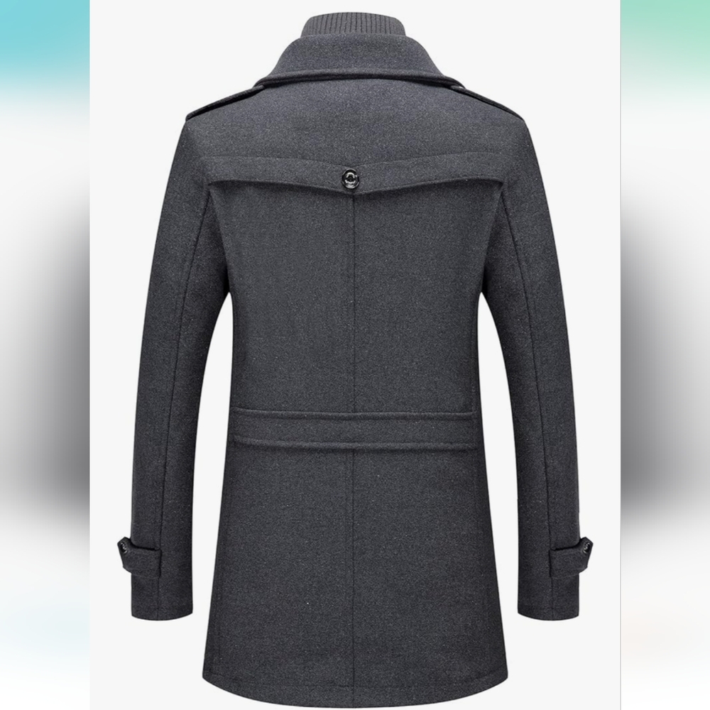 PRIJOUHE Men's Wool Blend Pea Coat Single Breasted Slim Fit with Removable Scarf - Picture 4 of 12
